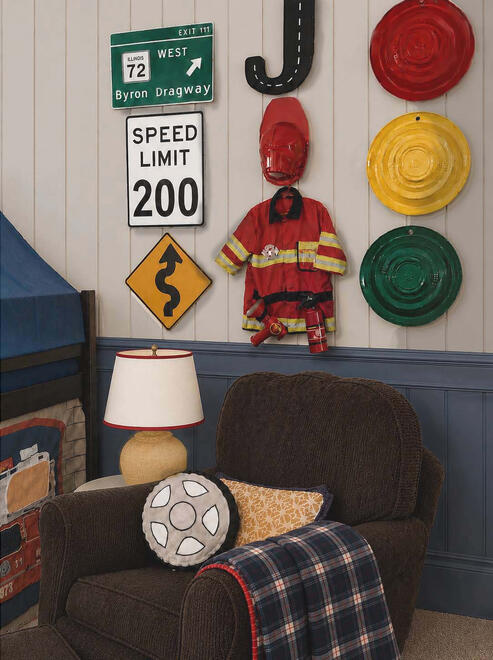 PLAYFUL VINTAGE AMERICANA— A nostalgic, children's space that uses authentic graphic signage and classic colors to create a sense of adventure. Sophistication, color, and function all meet in this room.