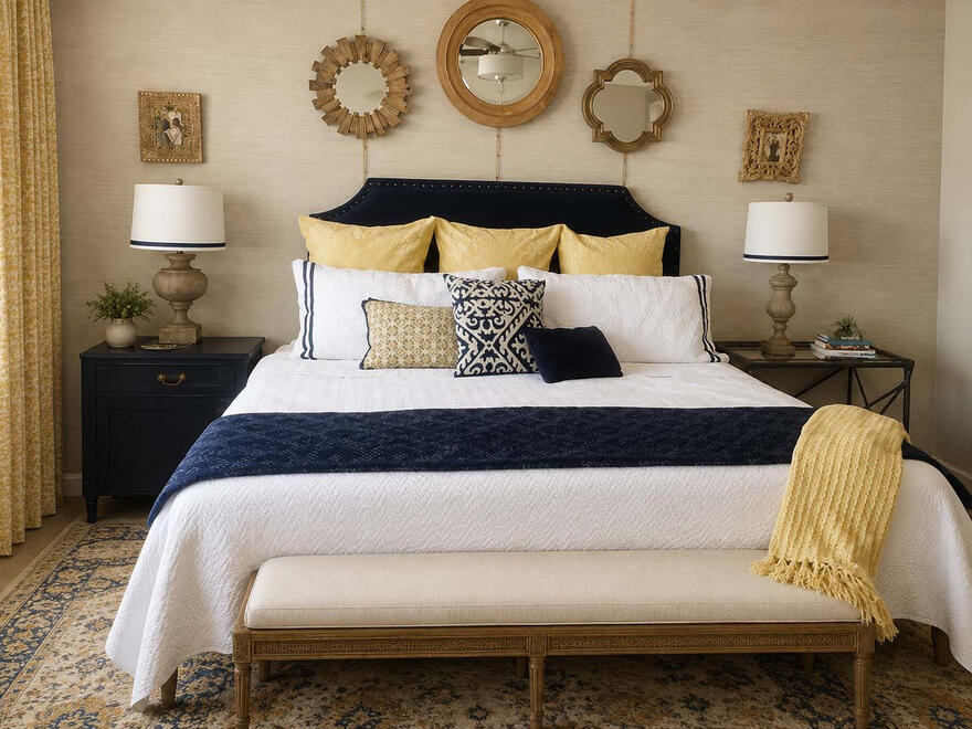 CURATED AND COLLECTED — A thoughtful mix of antique-inspired touches paired alongside global textile patterns that give the space a timeless, warm, layered feel.