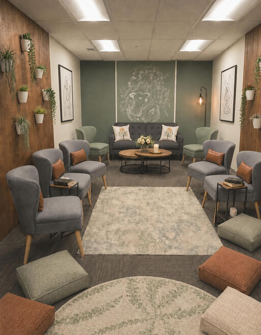 COMPLETED PRAYER/MEETING ROOM— The finalized room translates the initial vision into a functional, multi-user sanctuary. Warm tones snf flexible spacevprovide a comforting, organic envelope